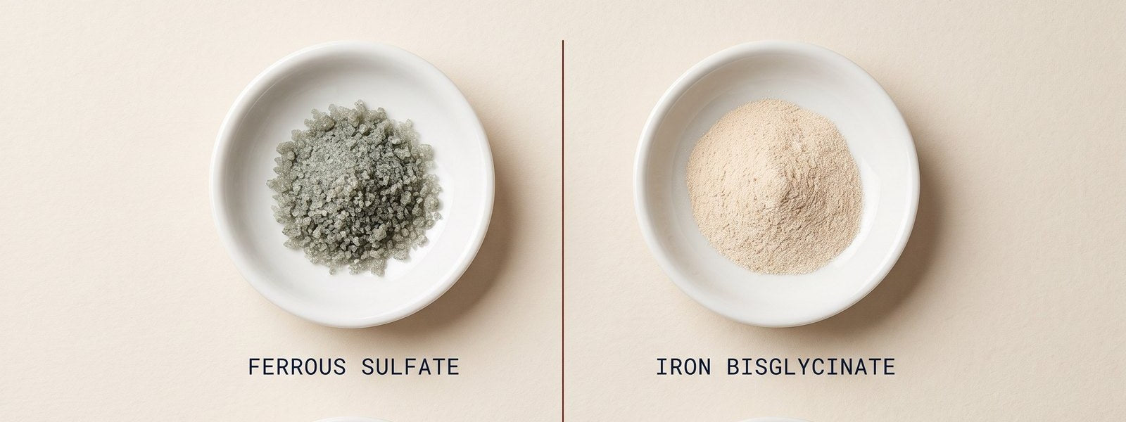 Two white dishes: coarse grey-green ferrous sulfate crystals on the left and fine tan iron bisglycinate powder on the right, separated by a thin red line.