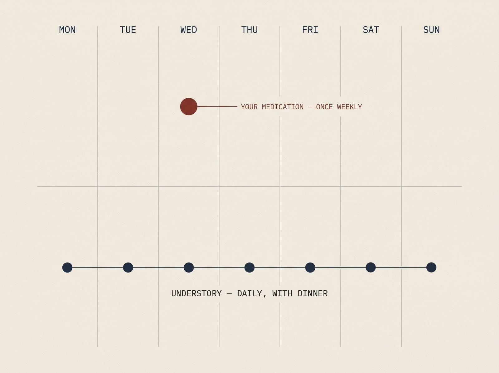 Weekly schedule diagram: your medication marked once on Wednesday, Understory marked daily with dinner on all seven days, Monday through Sunday.